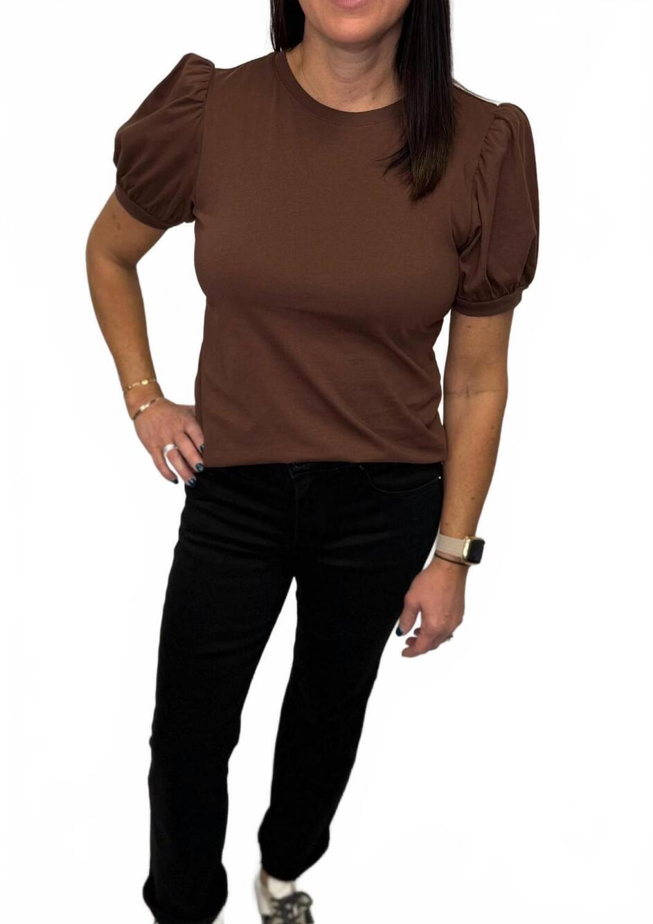NEW BE COOL cotton jersey puff sleeve t-shirts in choco